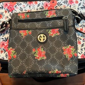 Black and grey crossbody bag with flowers